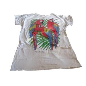 Vtg Florida Keys Colorful Parrot Birds Beach Cover-up White Tshirt Dress Pockets